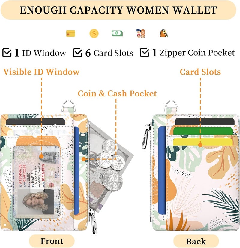 Hancynir Slim Wallet Women Credit Card Holder Abstract Boho Leaves RFID Blocking Small Mini Card Wallets Cute Front Pocket PU Leather Card Case Thin Travel Zipper Coin Cash Ladies Female Wallet Gifts - Image 4